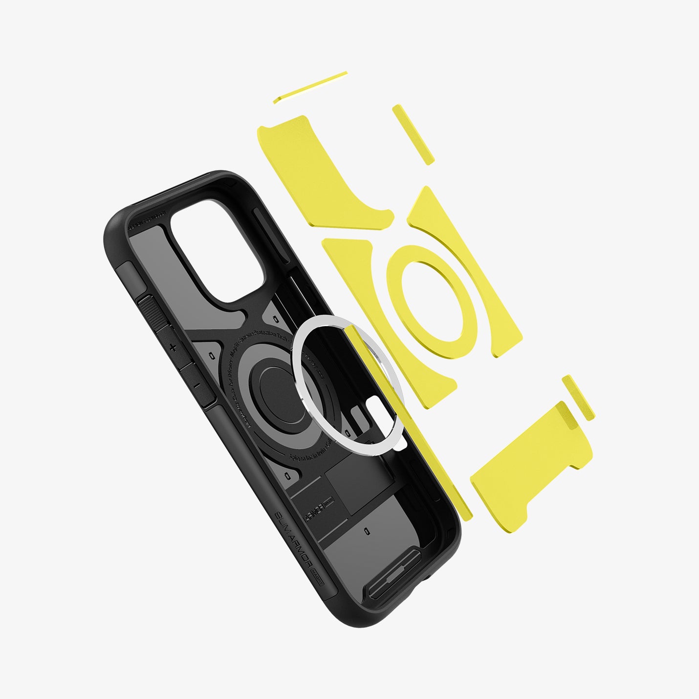 ACS08164 - iPhone 16 Pro Case Slim Armor (MagFit) in Black showing the detached impact foam hovering in front of the metal ring plate and the back casing showing inner side