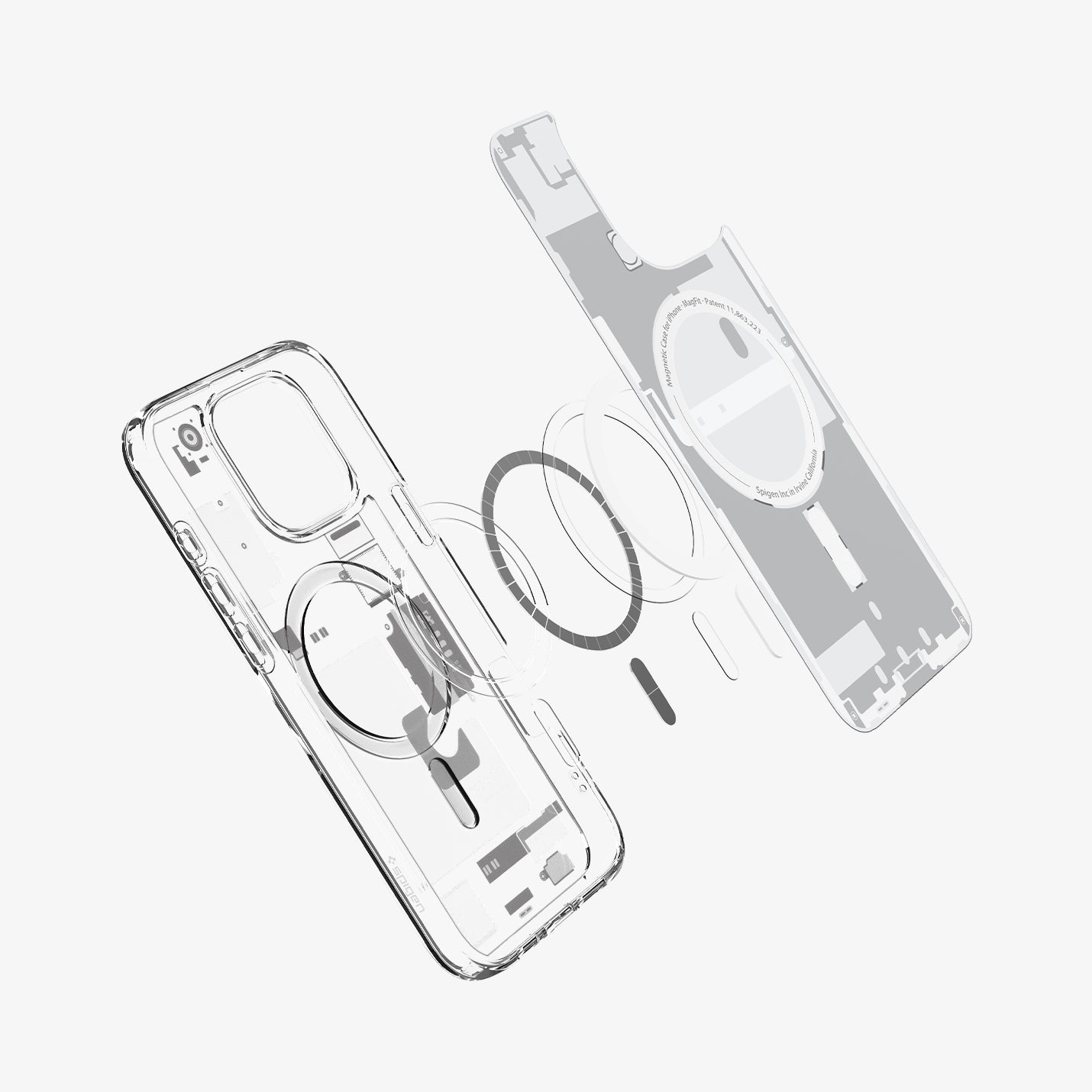 ACS08005 - iPhone 16 Pro Max Case Ultra Hybrid Zero One (MagFit) in Zero One White showing the inner soft layer hovering above the metal ring plate detached from the back 