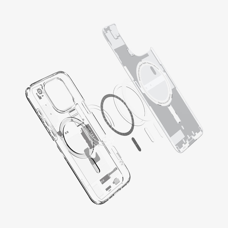 ACS08005 - iPhone 16 Pro Max Case Ultra Hybrid Zero One (MagFit) in Zero One White showing the inner soft layer hovering above the metal ring plate detached from the back 