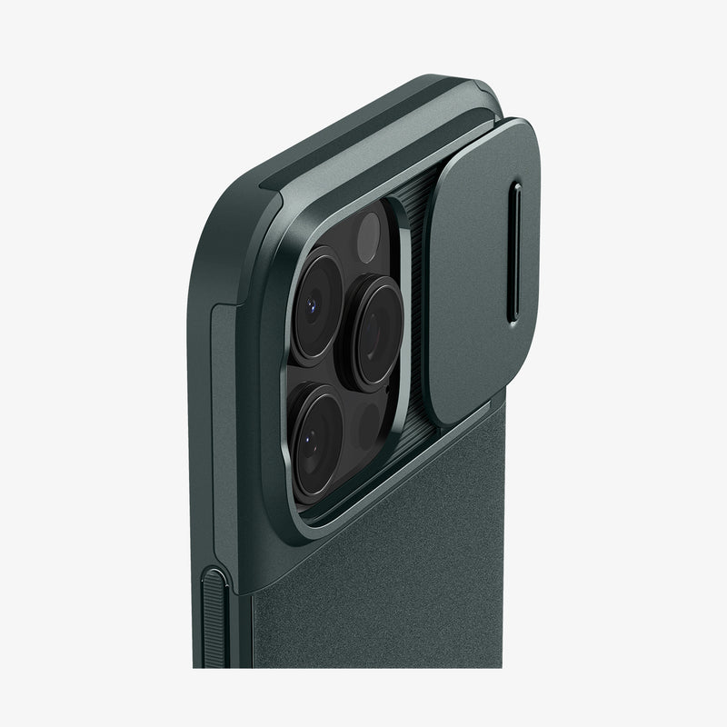 ACS08016 - iPhone 16 Pro Max Case Optik Armor (MagFit) in Abyss Green showing the back, partial side, optic slider open, camera lens zoomed in