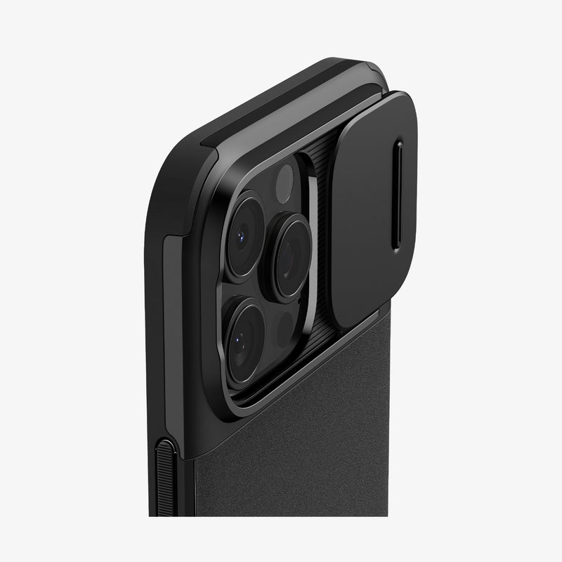 ACS08015 - iPhone 16 Pro Max Case Optik Armor (MagFit) in Black showing the back, partial side, optic slider open, camera lens zoomed in