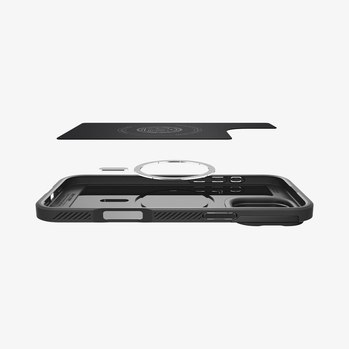 ACS08015 - iPhone 16 Pro Max Case Optik Armor (MagFit) in Black showing the soft layer of the inner case hovering above the magnet ring plate and the case