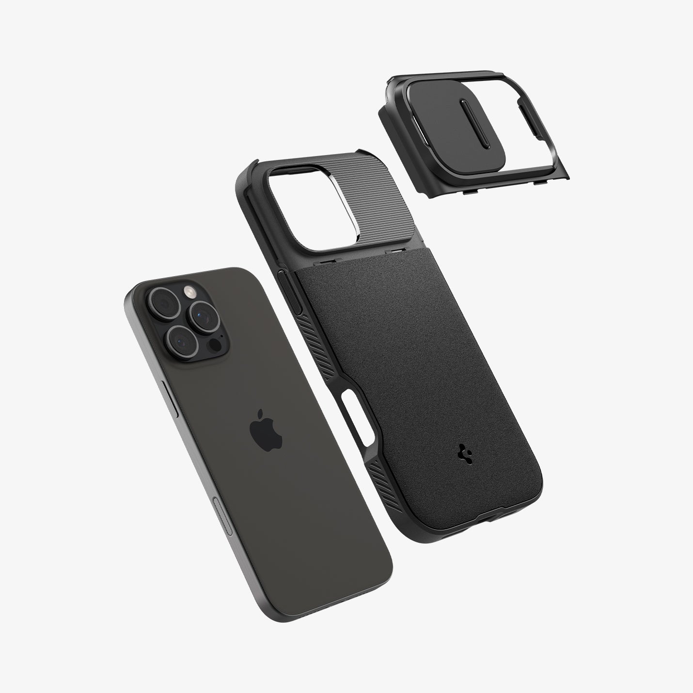 ACS08015 - iPhone 16 Pro Max Case Optik Armor (MagFit) in Black showing the optic slider cover hovering above the back of the case and the device