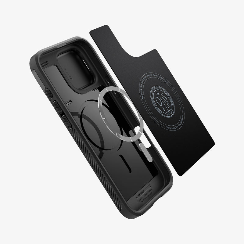 ACS08015 - iPhone 16 Pro Max Case Optik Armor (MagFit) in Black showing the detached inner soft layer, metal ring plate and the case