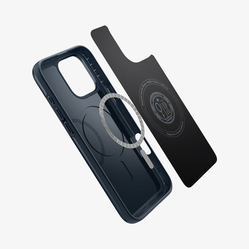 ACS08108 - iPhone 16 Pro Case Thin Fit (MagFit) in Metal Slate showing the inner layer hovering from detached magnet ring plate and the case