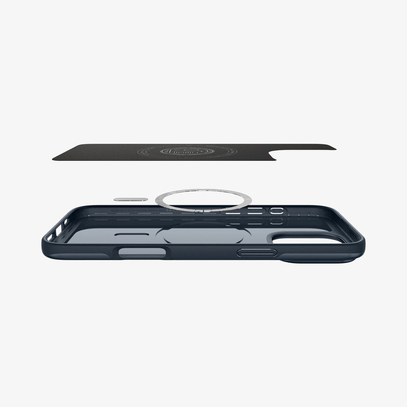 ACS08108 - iPhone 16 Pro Case Thin Fit (MagFit) in Metal Slate showing the inner layer hovering above the detached magnet ring plate and the case