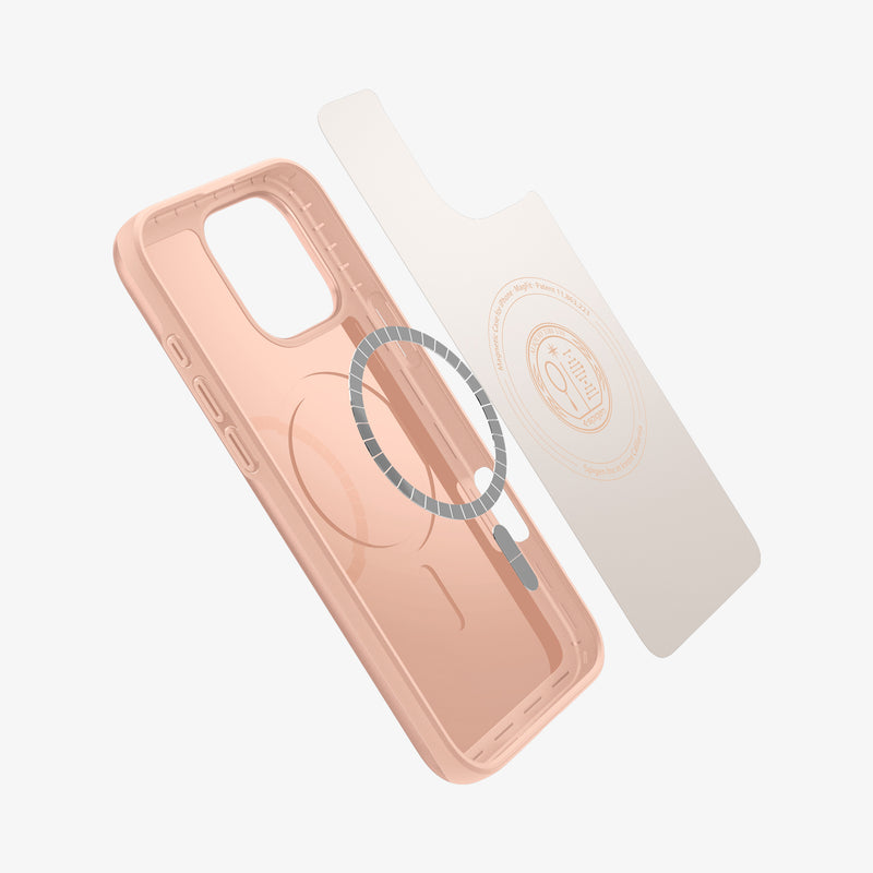 ACS08686 - iPhone 16 Pro Max Case Thin Fit (MagFit) in Rose Titanium showing the inner layer hovering from detached magnet ring plate and the case