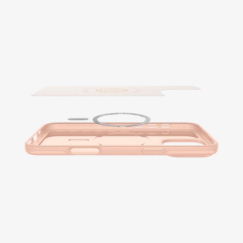 ACS08686 - iPhone 16 Pro Max Case Thin Fit (MagFit) in Rose Titanium showing the inner layer hovering above the detached magnet ring plate and the case