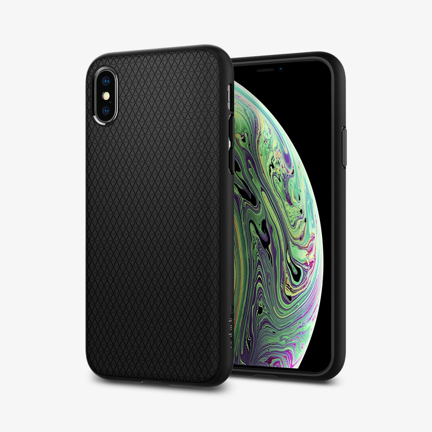 057CS22123  - iPhone XS Case Liquid Air in  Matte Black showing the back, next to it, a device showing front