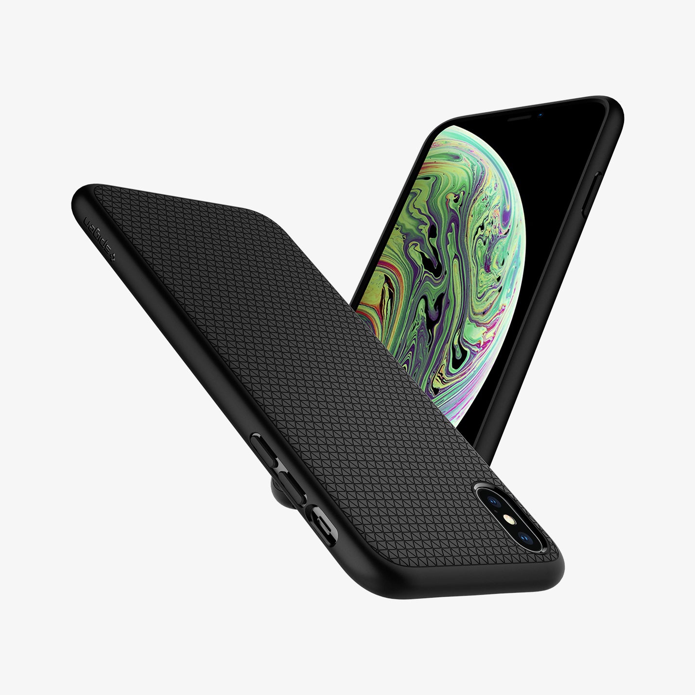 057CS22123  - iPhone XS Case Liquid Air in  Matte Black showing the back, partial side of an upside down beside it, showing front and side