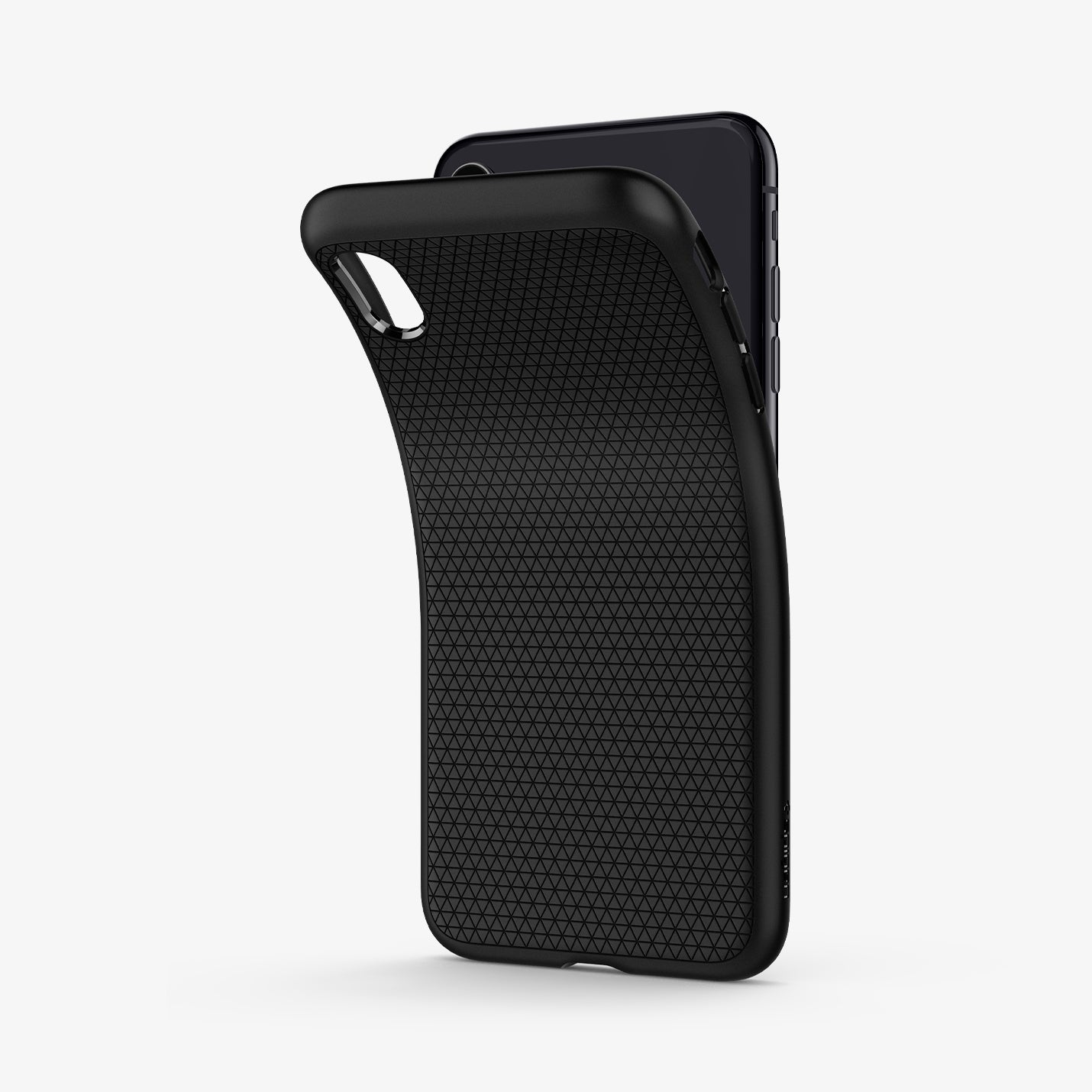 065CS25126  - iPhone XS Max Case Liquid Air in  Matte Black showing the back of soft tpu back case partially peeled from behind a device