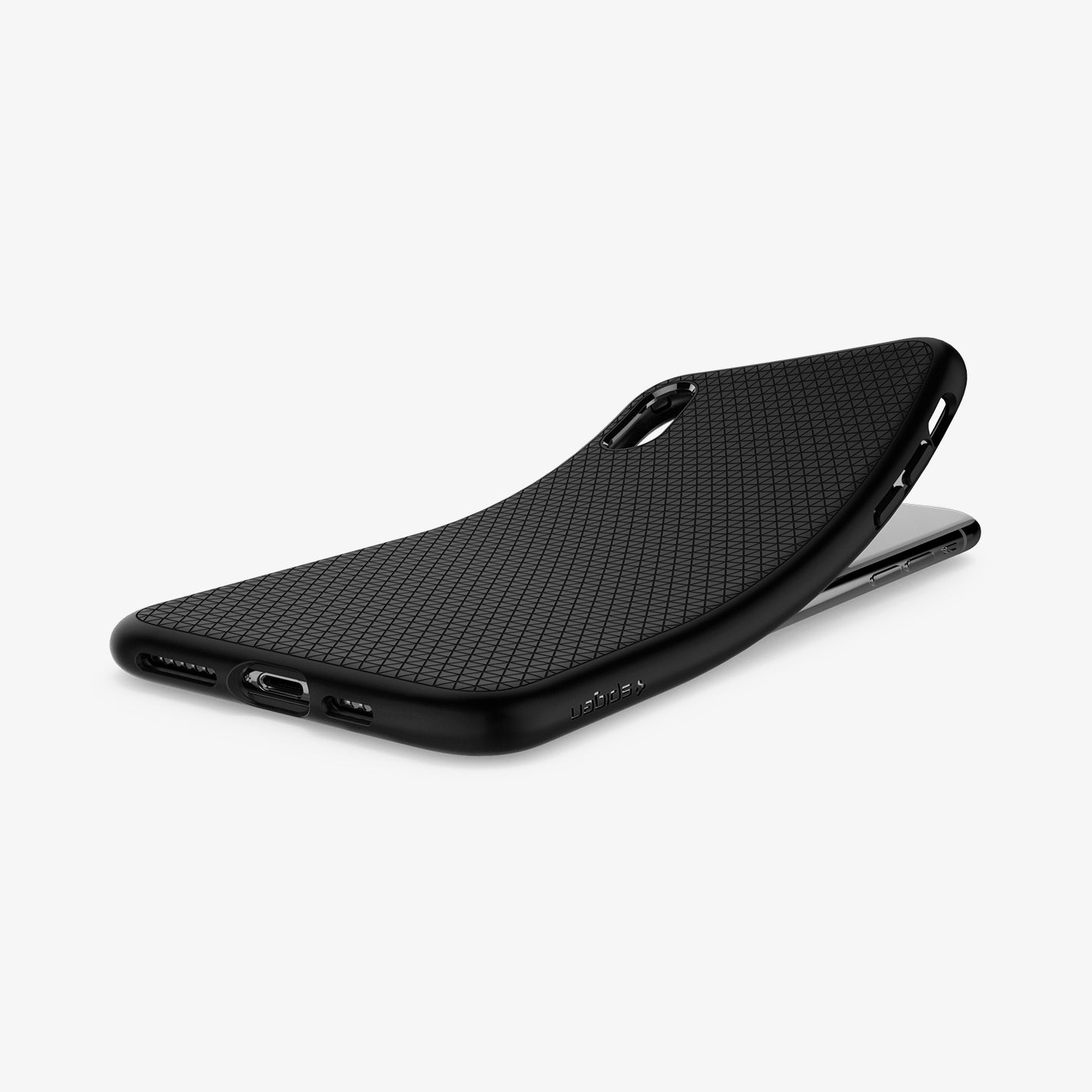 065CS25126  - iPhone XS Max Case Liquid Air in  Matte Black showing the back, partially peeled from behind a device on a flat surface