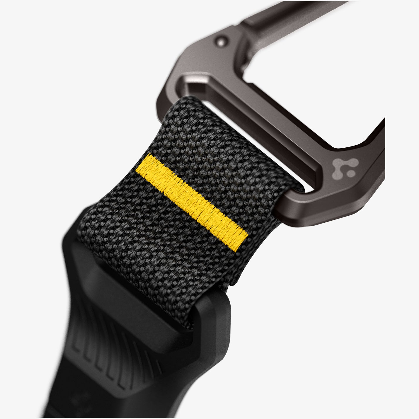 AHP06846 - Carabiner (Magnetic Keychain) in Black showing partial carabiner, a black strap with yellow stitching and partial quick-release locking mechanism