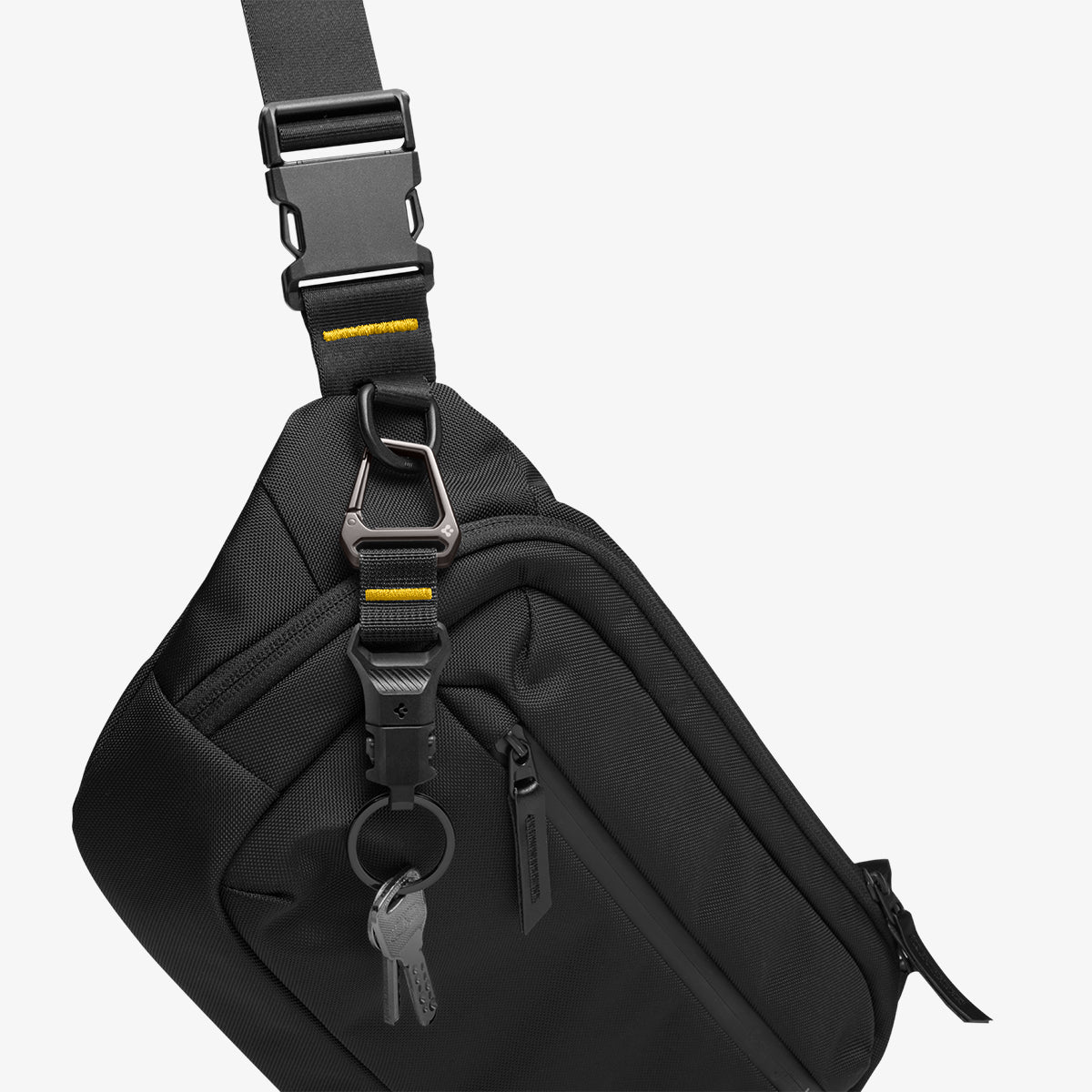 AHP06846 - Carabiner (Magnetic Keychain) in Black showing the magnetic keychain attached to a bag 