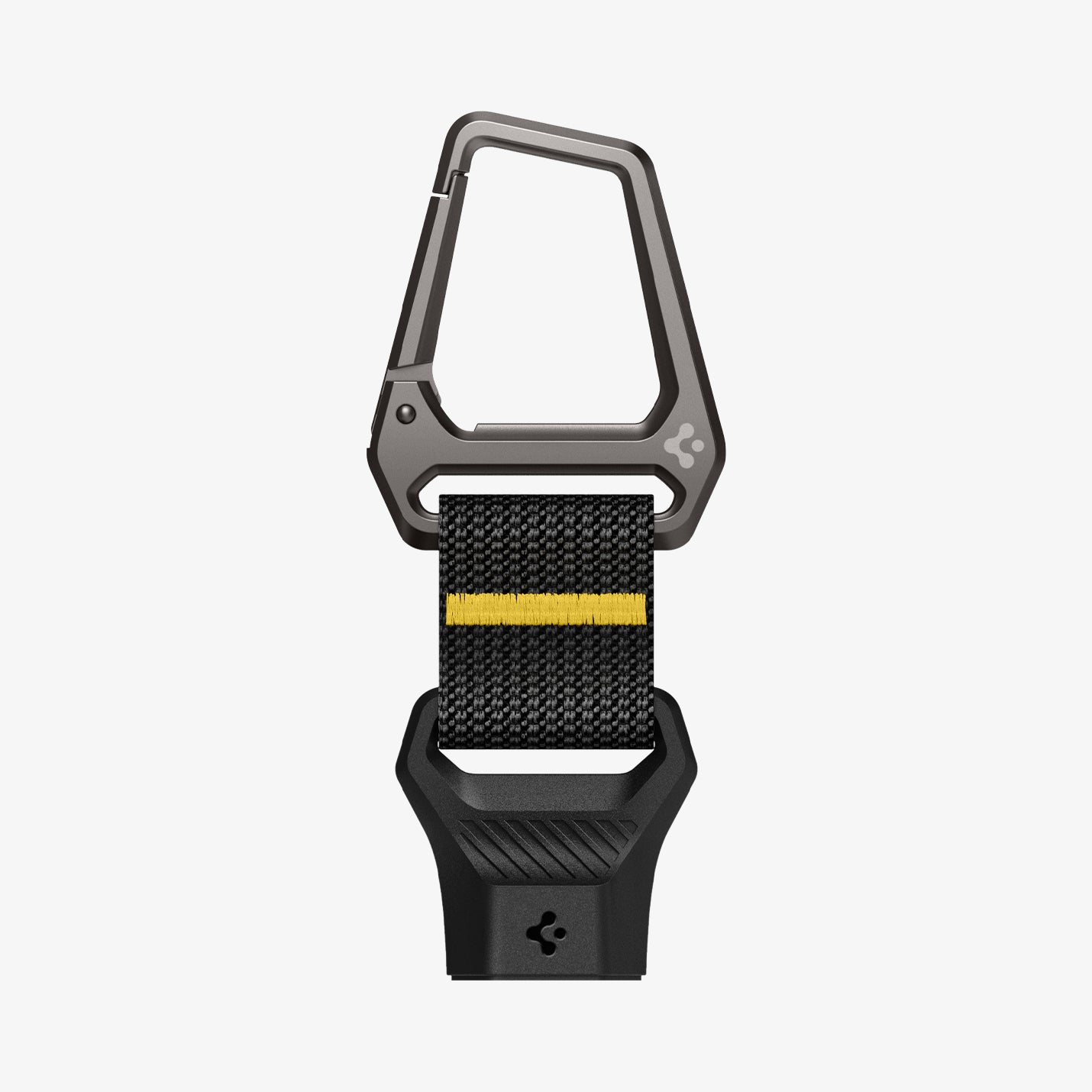 AHP06846 - Carabiner (Magnetic Keychain) in Black showing the front of a keychain metal carabiner clip, a black strap with yellow stitching, and a black quick-release handle