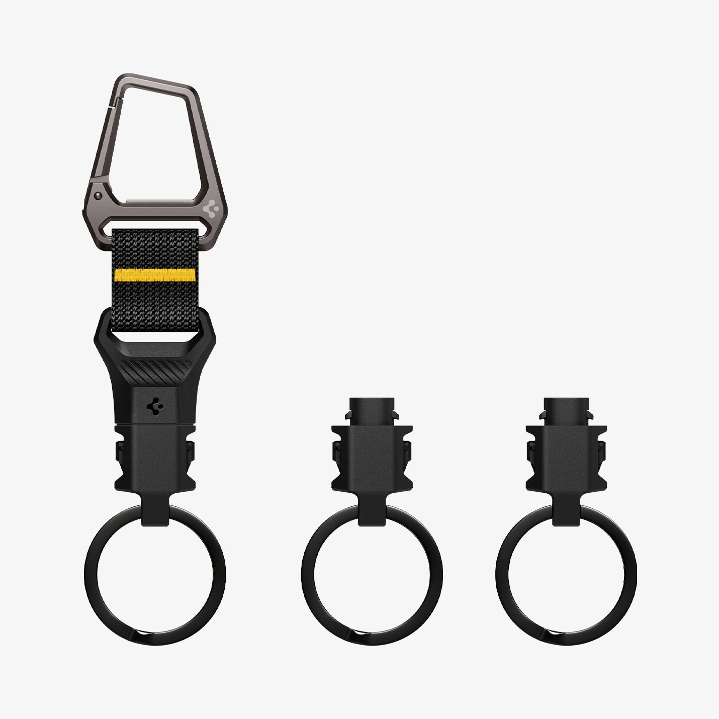 AHP06847 - Carabiner (Magnetic Keychain) Holder Hub in Black showing the front of the keychain holder and 2 detached quick-release locking mechanism attached to a circular black keyring 