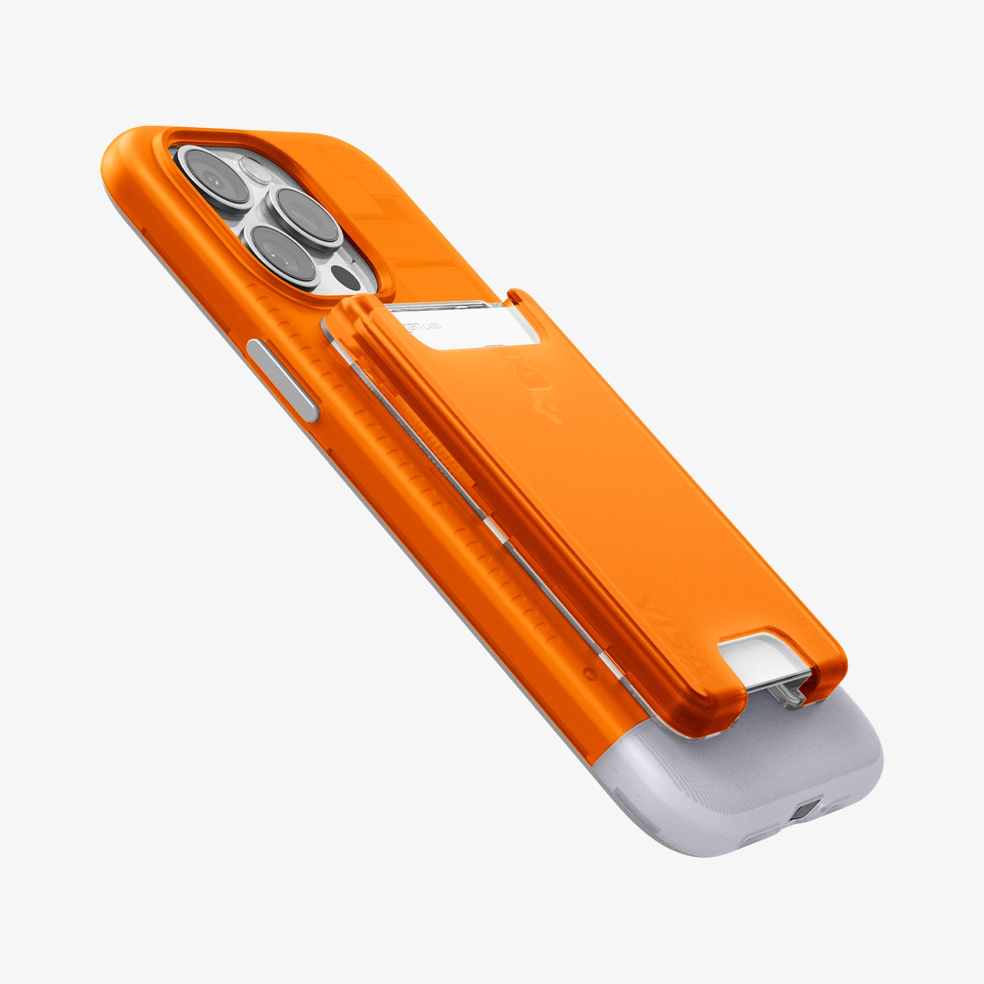 AFA08574 - MagSafe Card Holder Classic C1 (MagFit) in Tangerine showing the side and partial front attached to the back of the device showing side and partial bottom