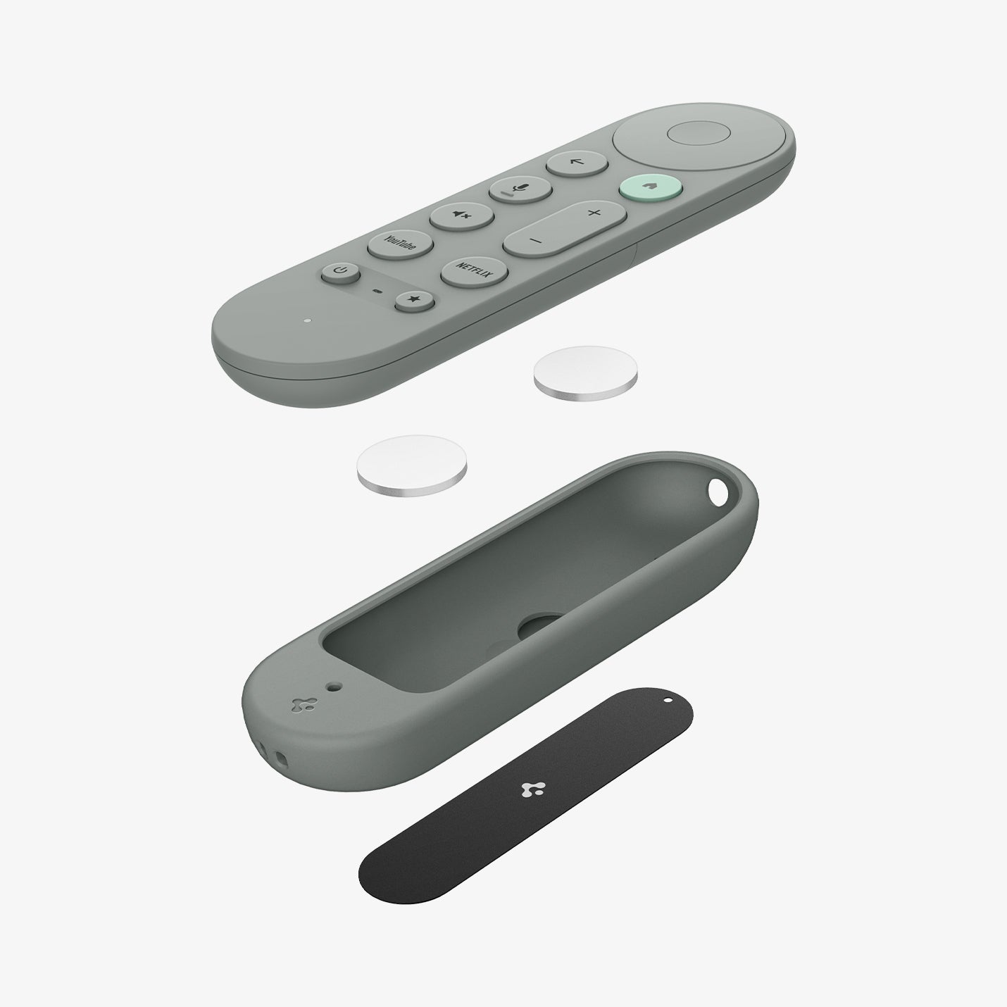 ACS08451 - Google TV Streamer Silicone Fit Voice Remote in Hazel front of the remote hovering above 2 magnets, case and another magnet