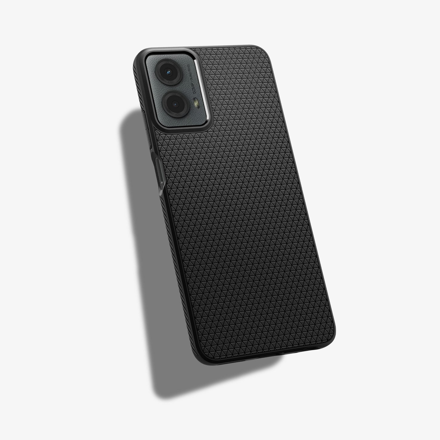 ACS07768 - Moto G 5G (2024) Case Liquid Air in Matte Black showing the back, partial side with side buttons hovering on a flat surface