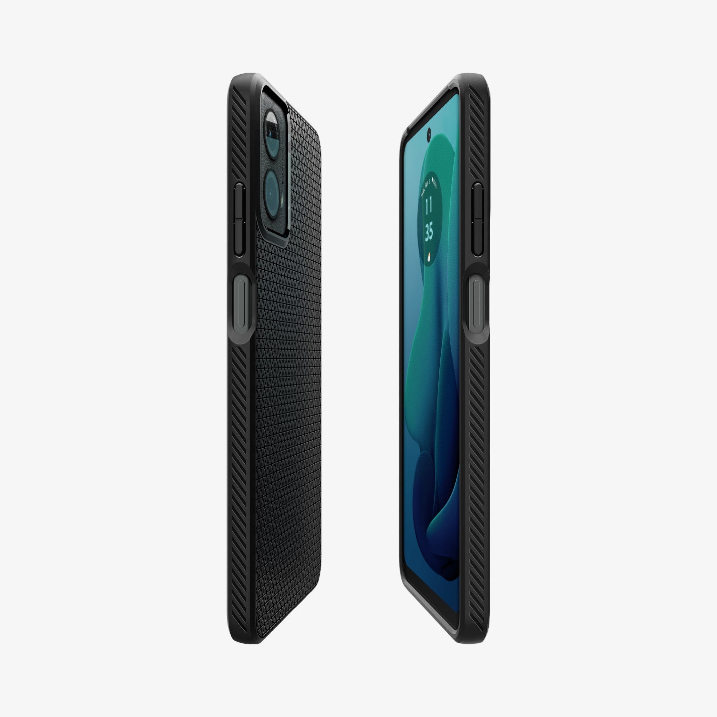 ACS07768 - Moto G 5G (2024) Case Liquid Air in Matte Black showing the partial back, front and sides of both cases aligned with each other