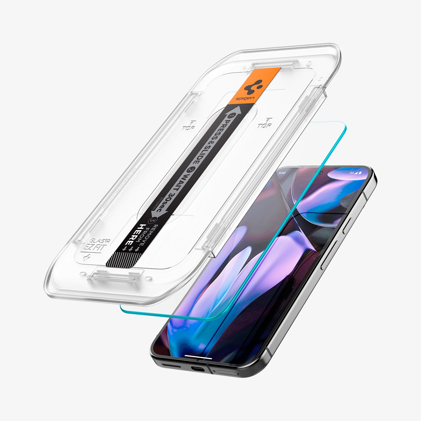 AGL08442 - Pixel 9 Pro GLAS.tR EZ Fit in Clear showing the top of the installation tray hovering in front of the screen protector and the device