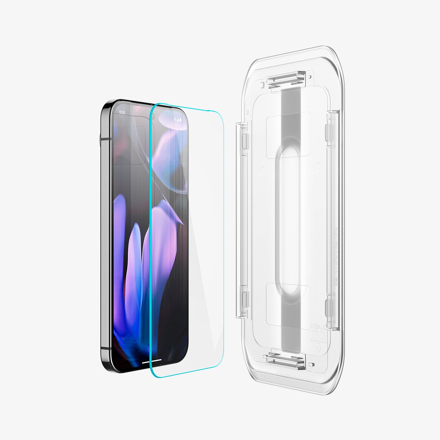 AGL08442 - Pixel 9 Pro GLAS.tR EZ Fit in Clear showing the inner of the installation tray facing the screen protector and the device