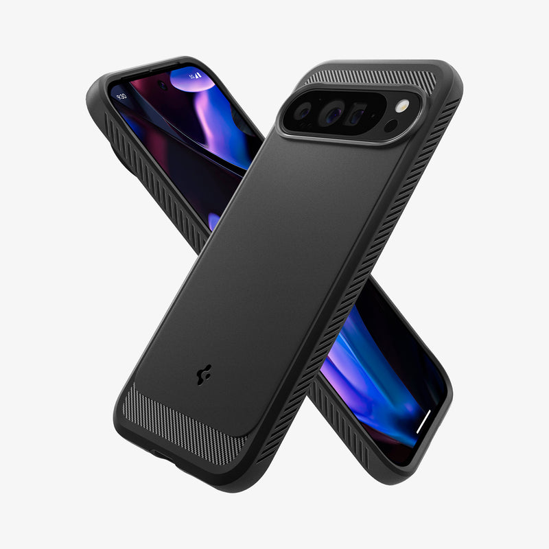 ACS07719 - Pixel 9 Pro XL Case Rugged Armor in Matte Black showing the back partial side and behind it, partial front and side