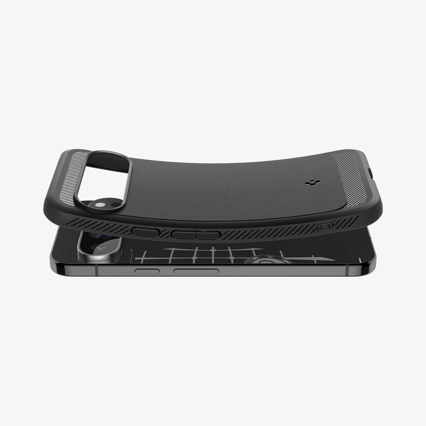 ACS07719 - Pixel 9 Pro XL Case Rugged Armor in Matte Black showing the back, partial sides partially folded hovering above the device