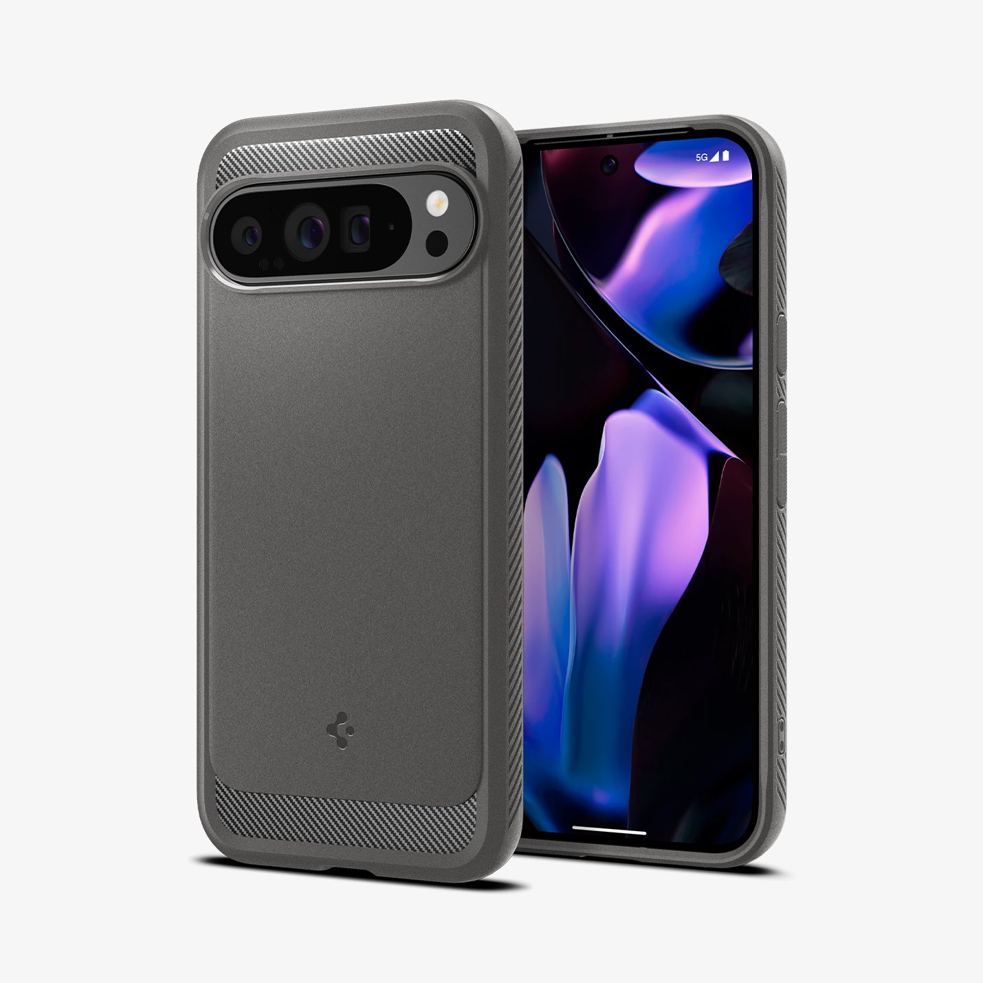 ACS07784 - Pixel 9 Pro XL Case Rugged Armor in Marble Gray showing the back, partial side and front