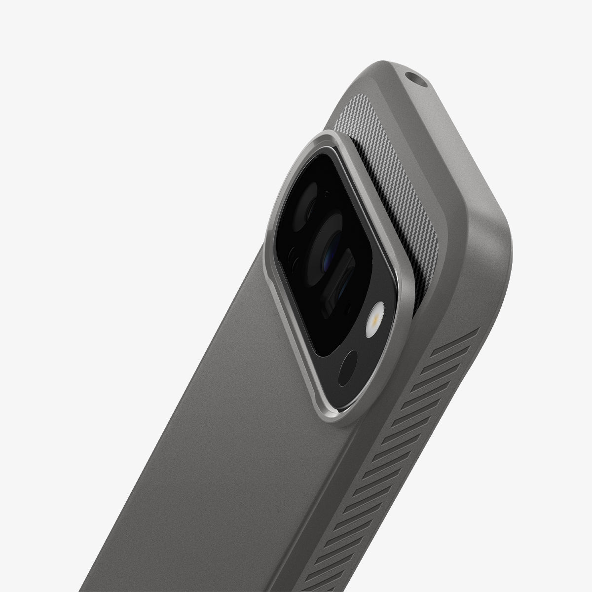 ACS07784 - Pixel 9 Pro XL Case Rugged Armor in Marble Gray showing the back partial side and top zoomed in