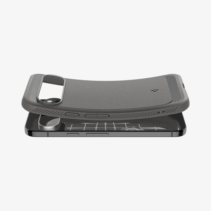 ACS07784 - Pixel 9 Pro XL Case Rugged Armor in Marble Gray showing the back, partial sides partially folded hovering above the device