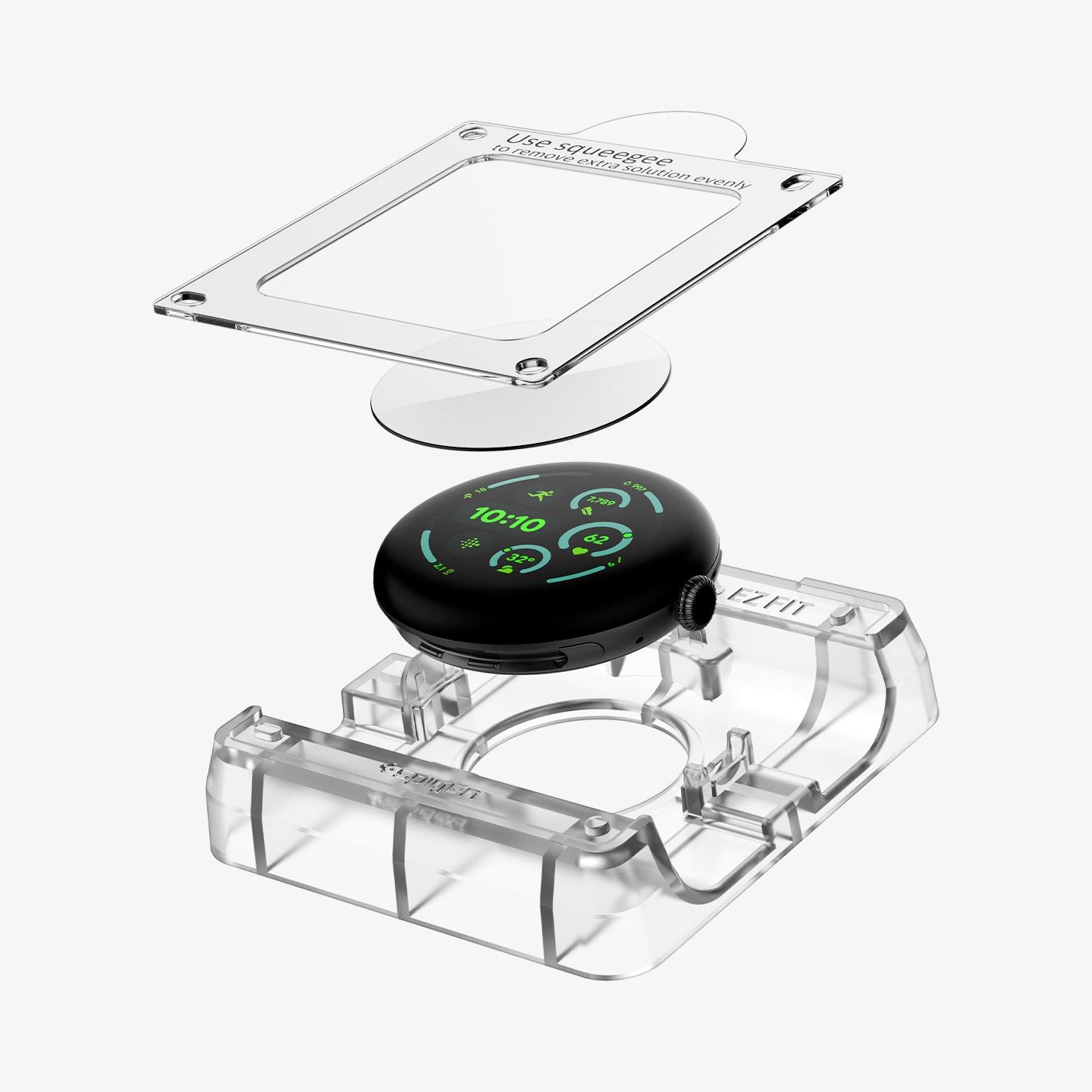 AFL08524 - Pixel Watch 3 (41mm) EliteShield EZ Fit in Clear showing the installation tray hovering above the screen protector and the face watch and bottom of installation tray, beside it, is the packaging