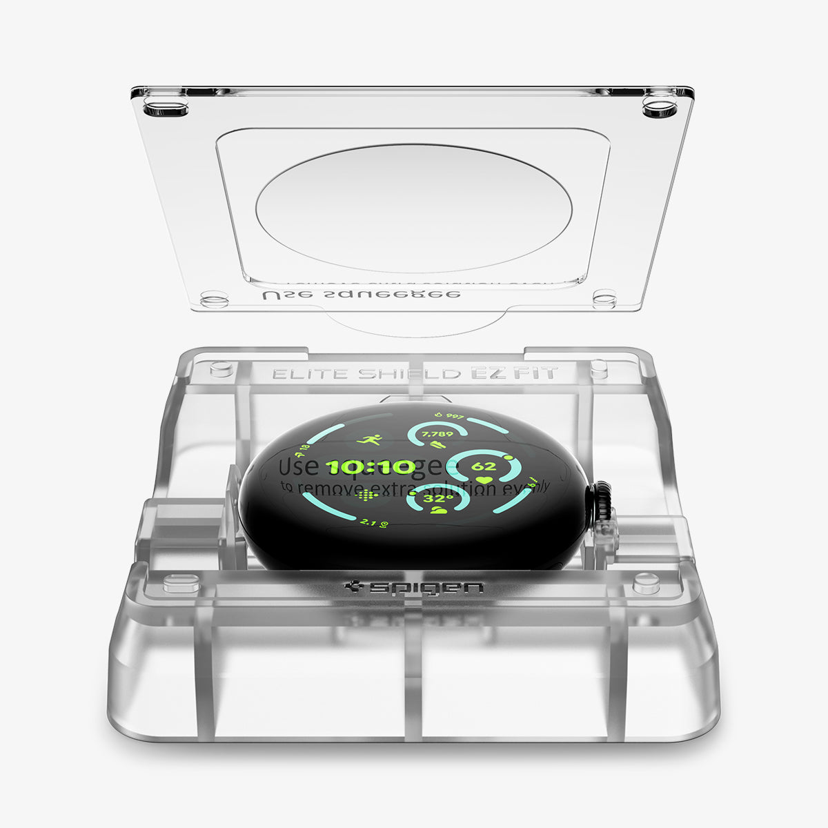 AFL08525 - Pixel Watch 3 (45mm) EliteShield EZ Fit in Clear showing the top of installation tray hovering in front of the face watch attached to another installation tray