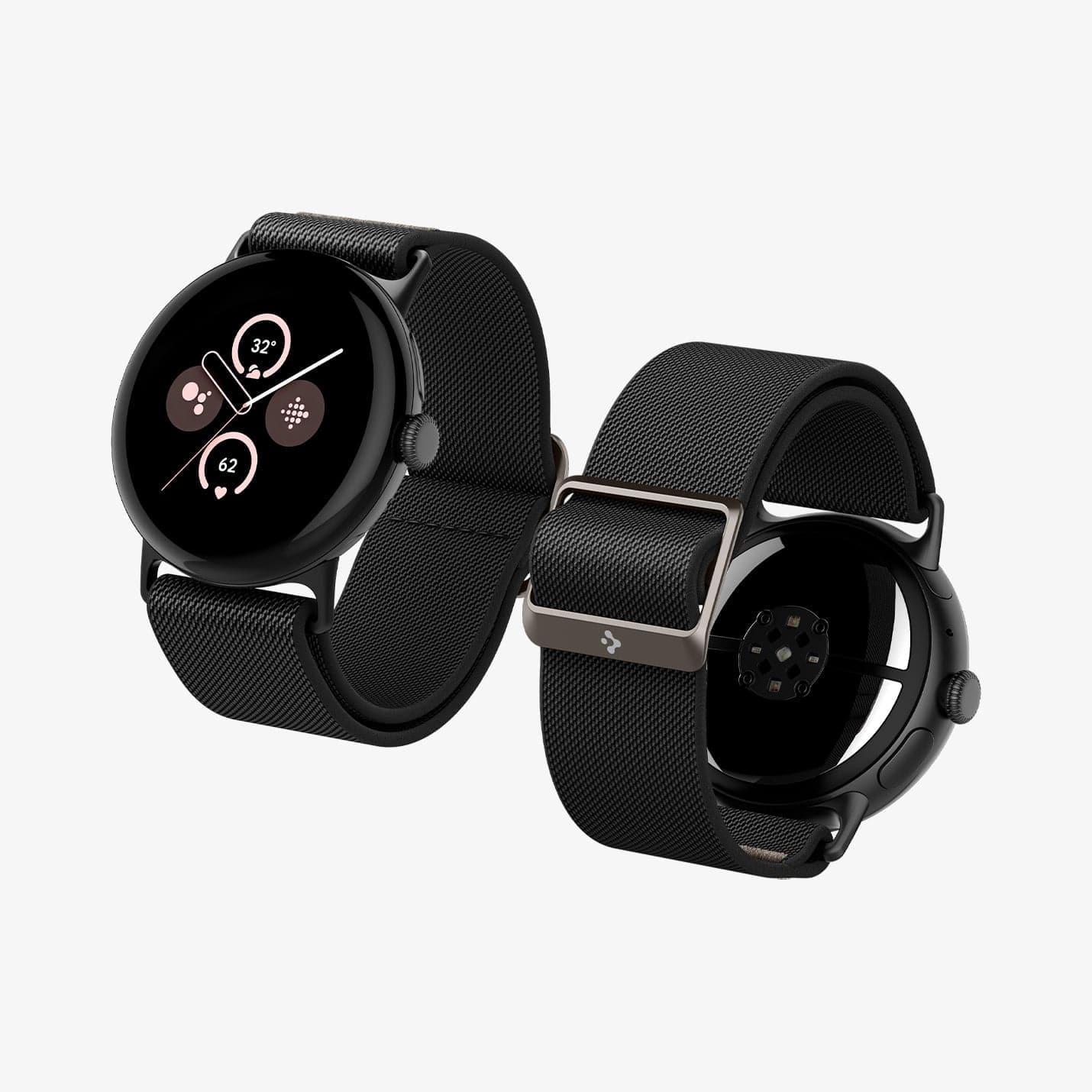 AMP07601 - Pixel Watch 3 (45mm) Case Lite Fit in Black showing the partial sides, back and partial inner side of the band of 2 pixel watches side by side