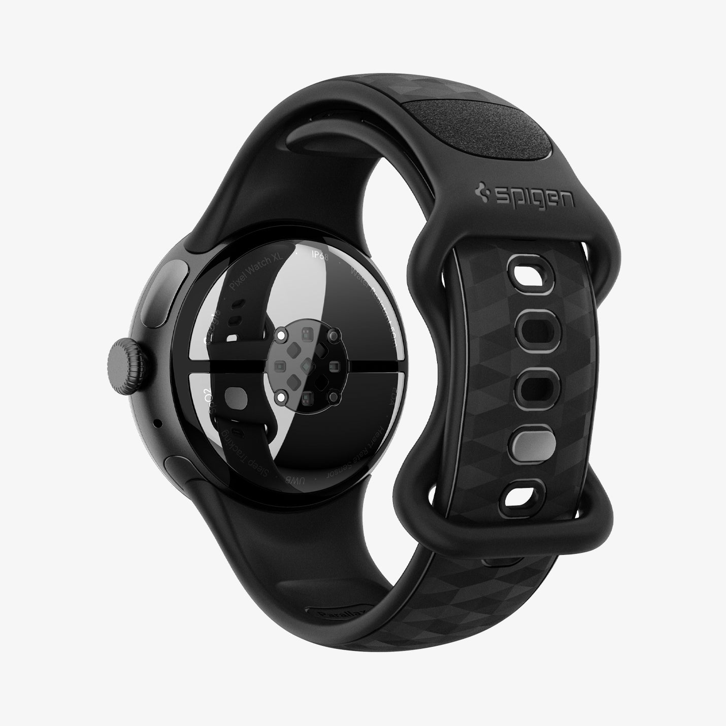 AMP09108 - Pixel Watch 3 (45mm) Case Parallax in Matte Black showing the back, side, partial inner and bottom