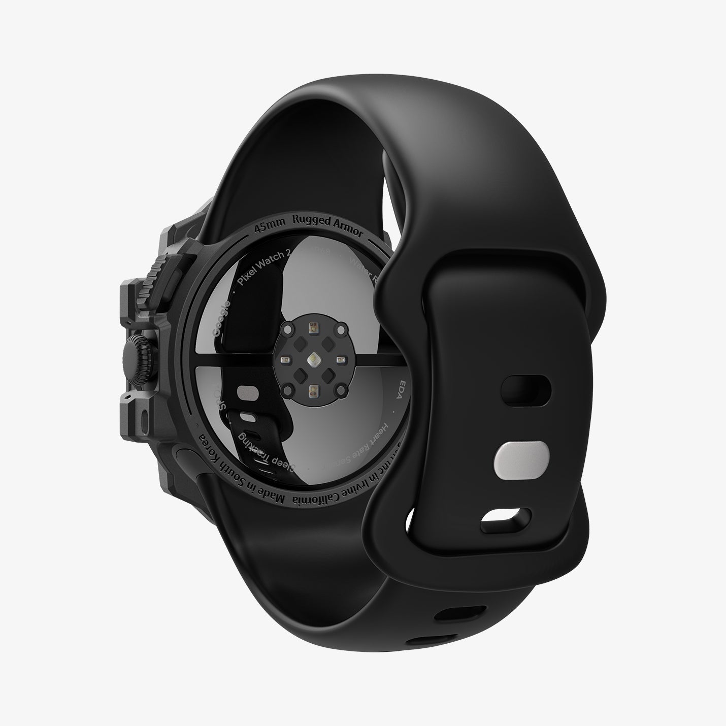 ACS07597 - Pixel Watch 3 (45mm) Rugged Armor in Matte Black showing the back, partial side, inner and back bottom