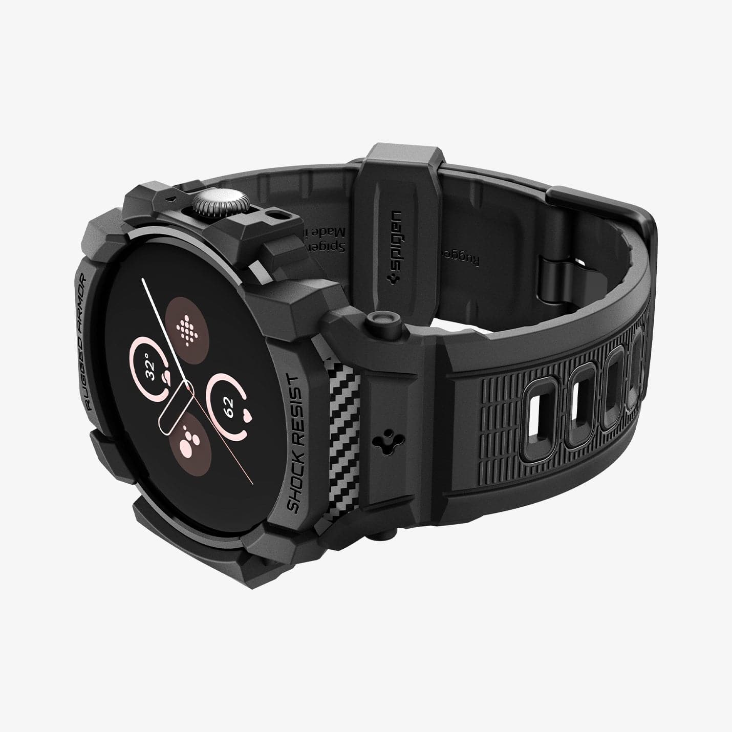 ACS07599 - Pixel Watch 3 (45mm) Case Rugged Armor Pro in Black showing the front, partial side, inner side and bottom