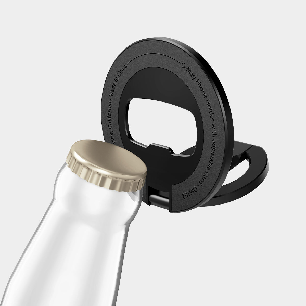 AMP08822 - O-Mag Magnetic Phone Holder (MagFit) OM102 in Black showing the bottom used it's function as a bottle opener