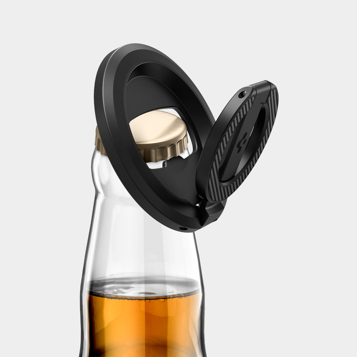 AMP08822 - O-Mag Magnetic Phone Holder (MagFit) OM102 in Black showing the front, partial side and bottom use it's function as a bottle opener