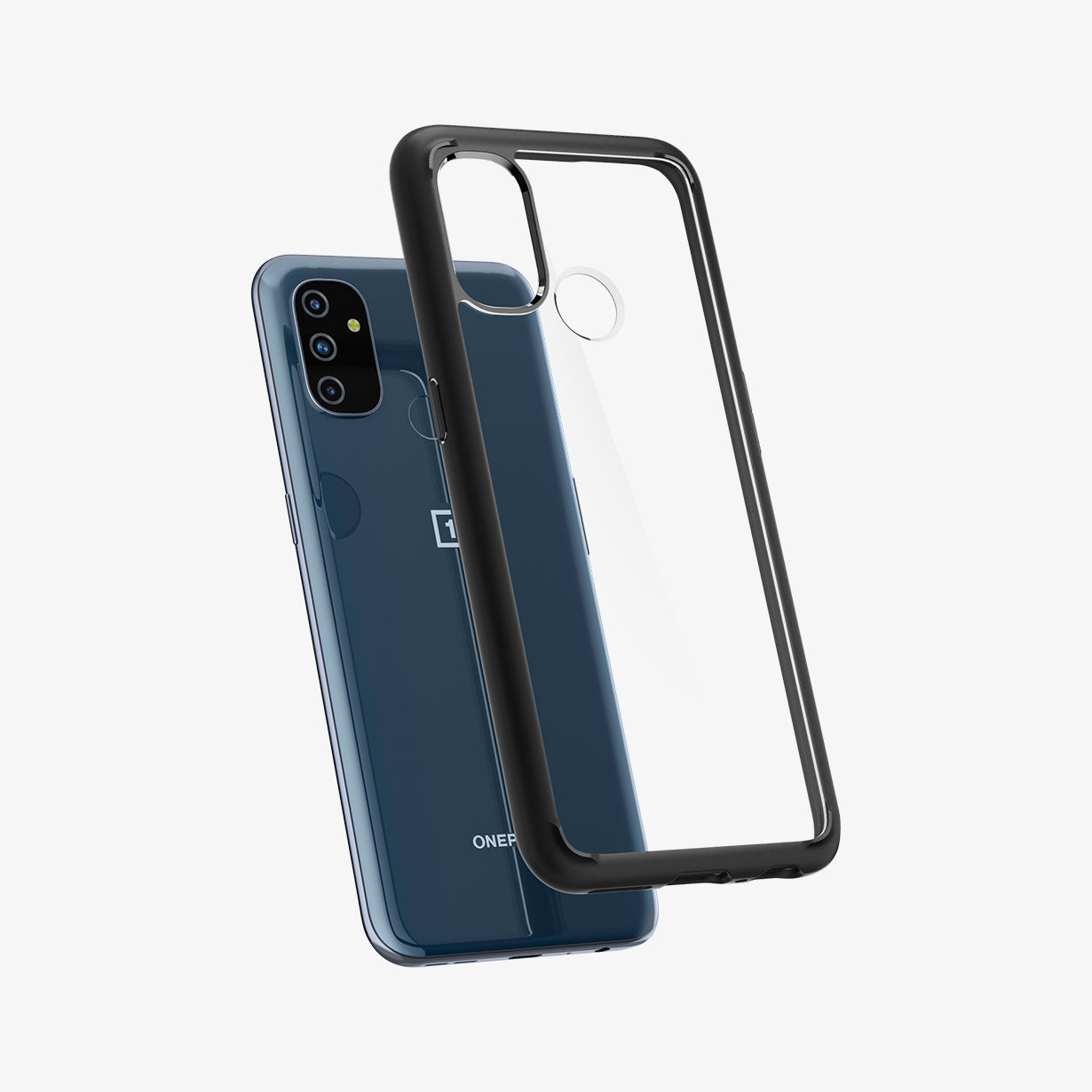 ACS02603 - OnePlus Nord N100 Ultra Hybrid Case in Matte Black showing the transparent back case with black frame hovering in front of device