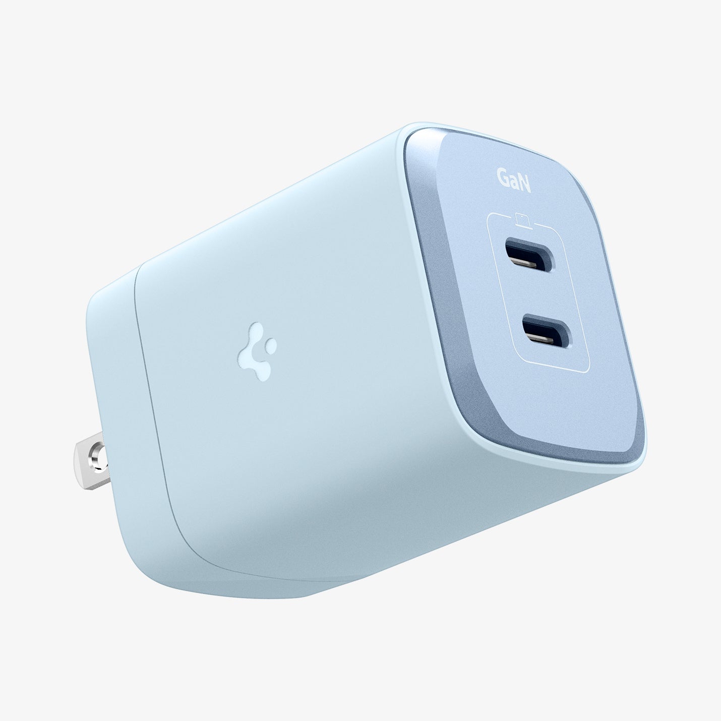 ACH05162 - ArcStation™ Pro GaN 652 Dual USB-C Wall Charger PE2204 in Sierra Blue showing the top, and both sides one with the spigen logo and other showing partial side