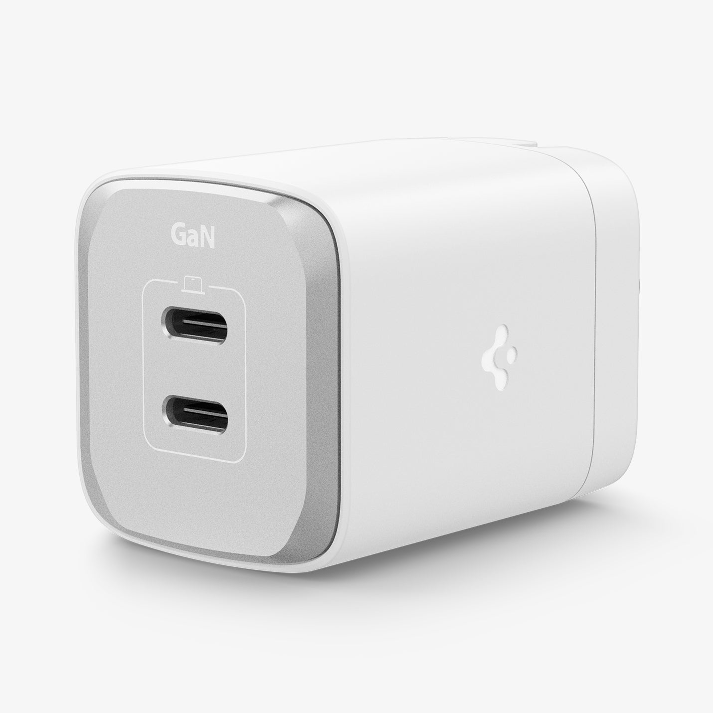 ACH05161 - ArcStation™ Pro GaN 652 Dual USB-C Wall Charger PE2204 in White showing the top, two sides, one with the spigen logo and the other showing only partial side on a flat surface