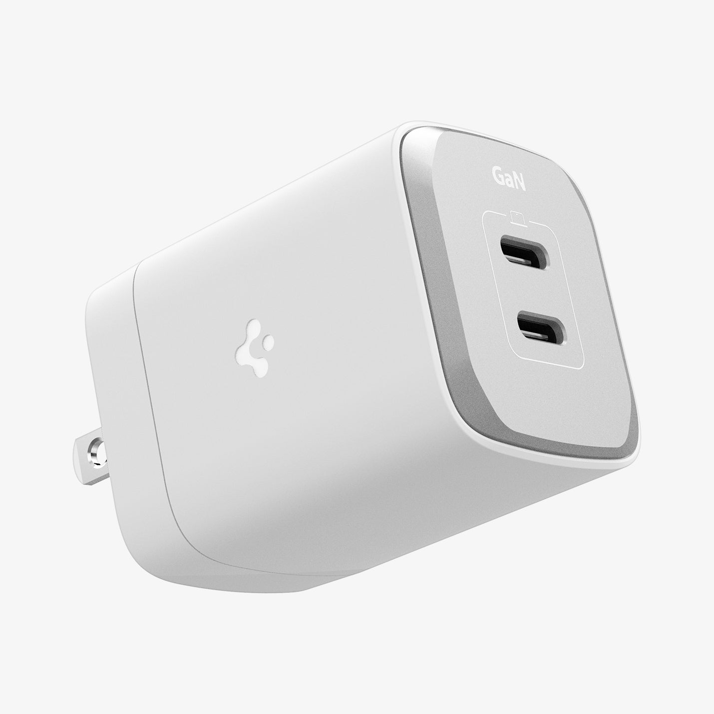 ACH05161 - ArcStation™ Pro GaN 652 Dual USB-C Wall Charger PE2204 in White showing the top, and both sides one with the spigen logo and other showing partial side