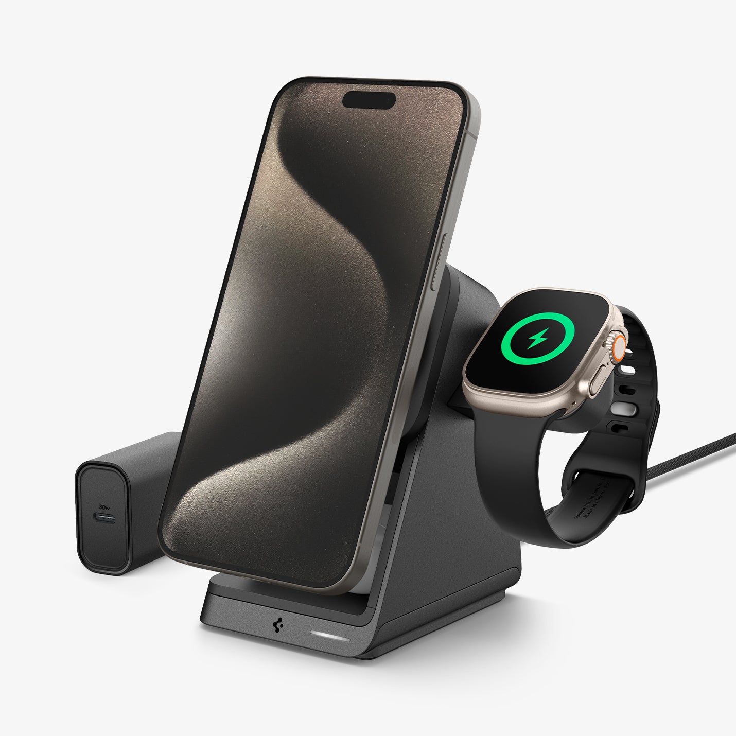 ACH05785 - ArcField™ 3-in-1 Wireless Charger PF2203US (MagFit) in Black showing the partial side and front with multiple devices charging up