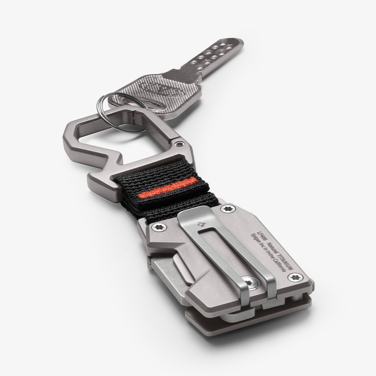 AHP06270 - Spigen Pocket Knife LF400 in Gunmetal showing the back, sides with a key attached