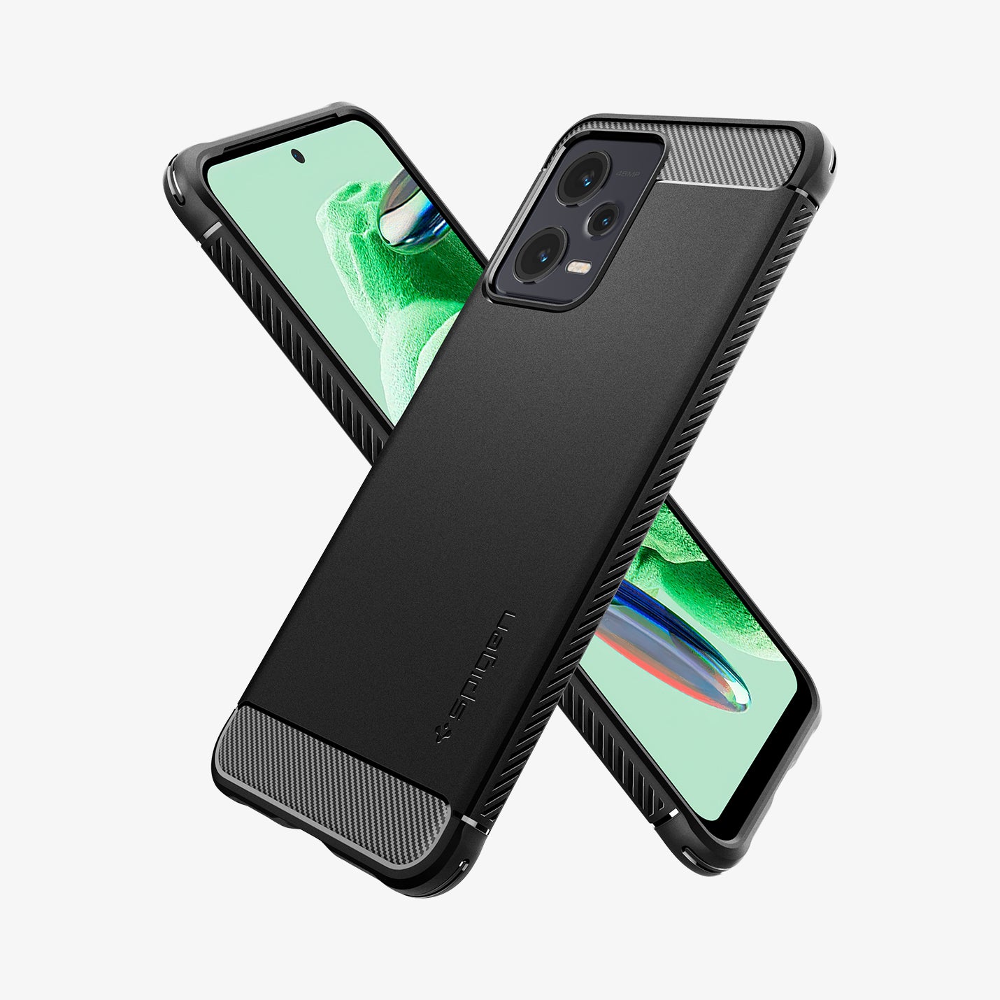 ACS05787 - Xiaomi Redmi Note 12 5G Case Rugged Armor in Matte Black showing the back, partial side, next to it showing partial front and partial side