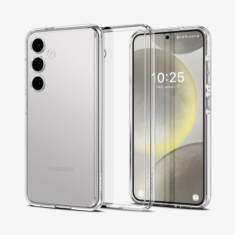 ACS07349 - Galaxy S24 Case Ultra Hybrid in Crystal Clear showing the back paralleled to a clear back case in the middle and a device facing front