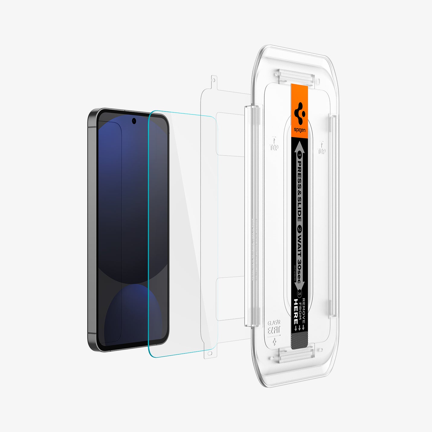 AGL08729 - Galaxy S24 FE GLAS.tR EZ Fit in Clear showing the alignment tray paralleled with glass screen protector, film and a device