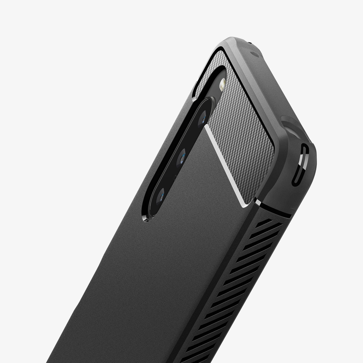 ACS06202 - Sony Xperia 10 V Case Rugged Armor in matte black showing the back, side and top zoomed in