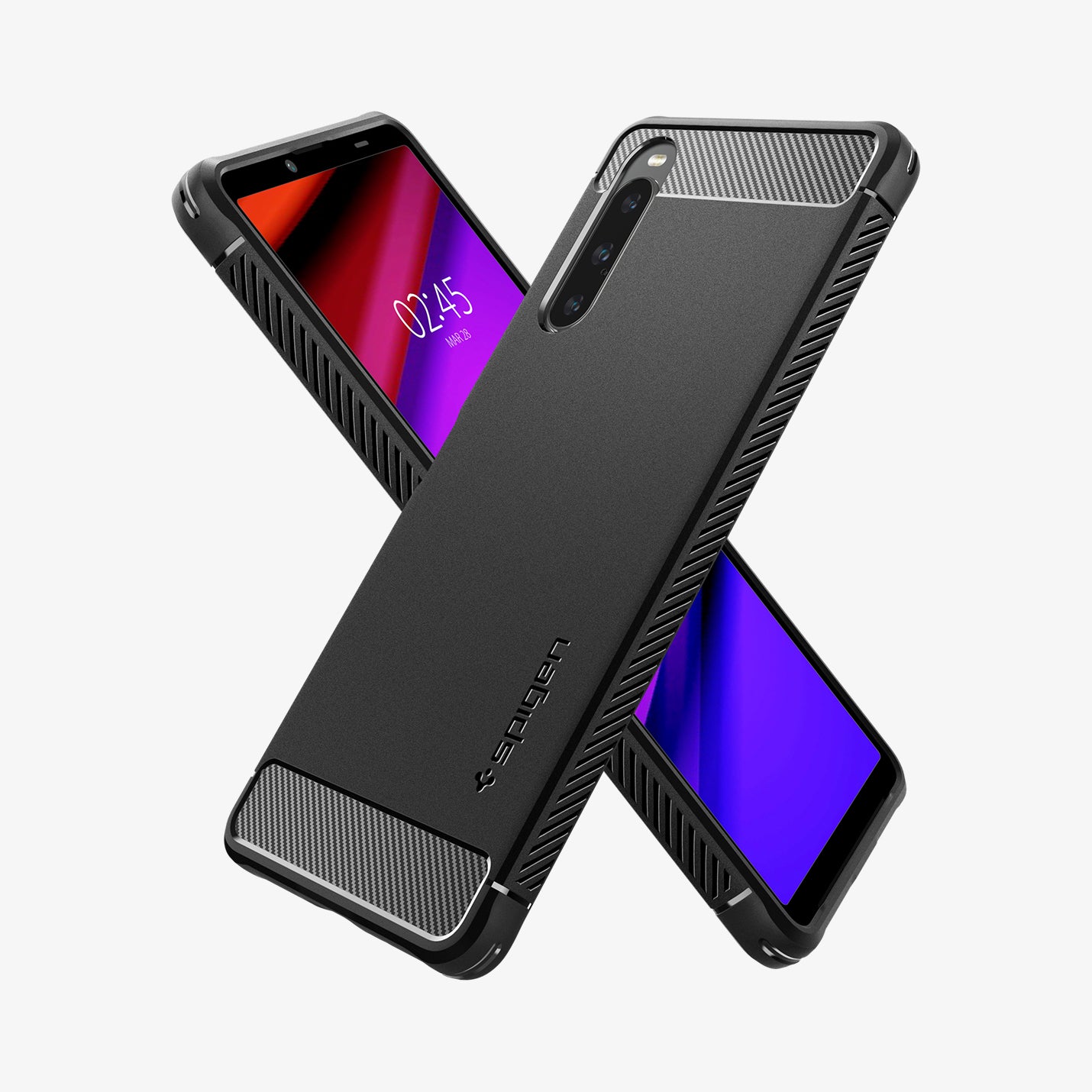 ACS06202 - Sony Xperia 10 V Case Rugged Armor in matte black showing the back, front and sides